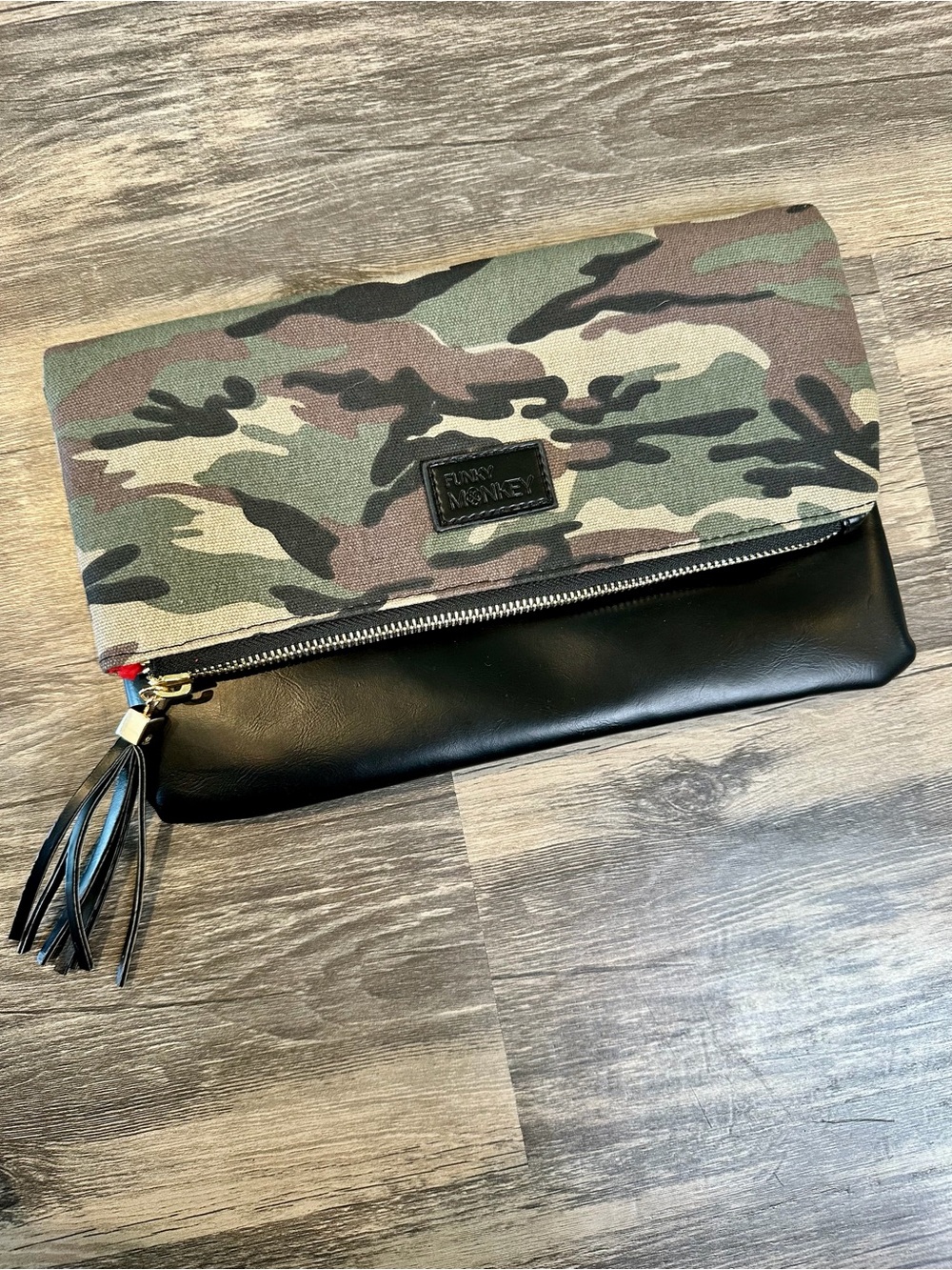 Funky Monkey Camo Foldover Clutch Black Faux Leather Tassel Zip Camouflage Bag